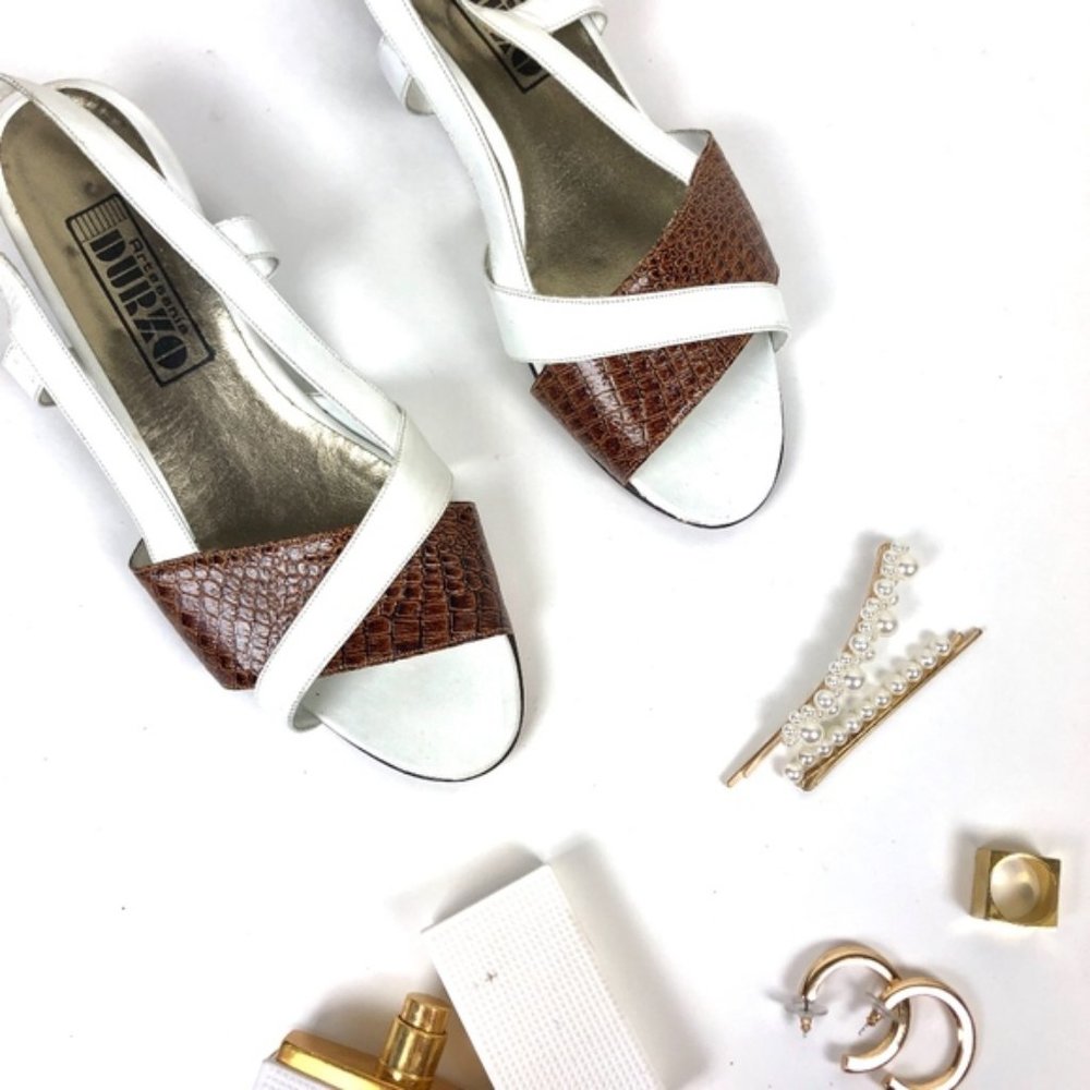 SALE ! Vintage Croc Leather Strappy Wedge Sandals - Picture 1 of 8